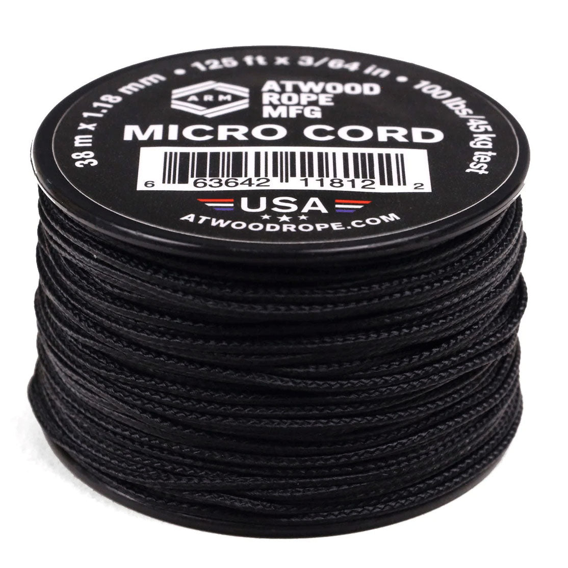 1.18 mm (3/64") Micro Cord Black Made in the USA Polyester/Nylon (125 ft)