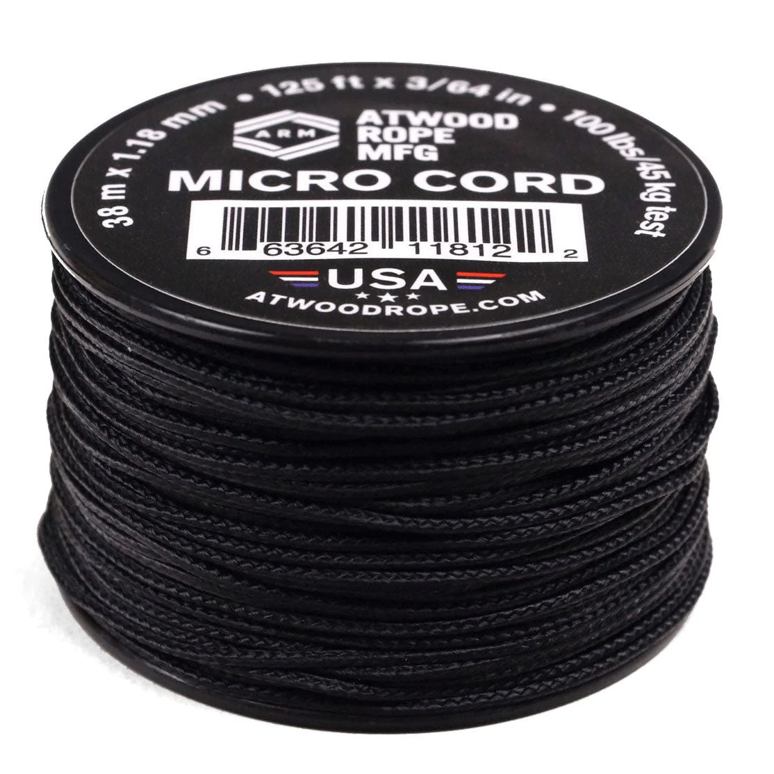 1.18 mm (3/64") Micro Cord Black Made in the USA Polyester/Nylon (125 ft) Atwood Rope MFG
