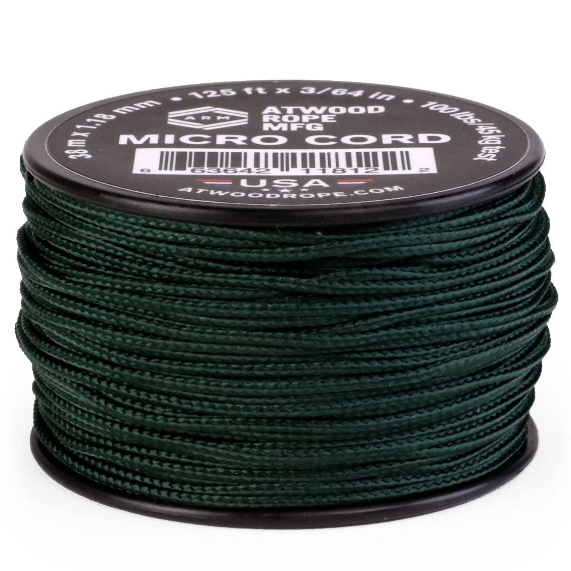 1.18 mm (3/64") Micro Cord Hunter Green Made in the USA Polyester/Nylon (125 ft) Atwood Rope MFG