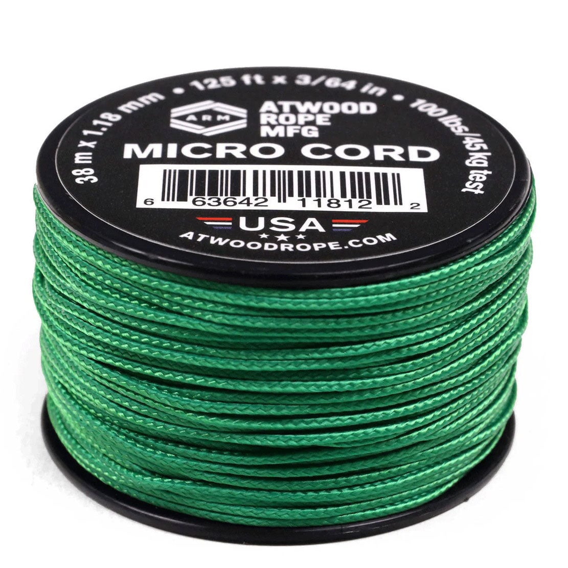 1.18 mm (3/64") Micro Cord Kelly Green Made in the USA Polyester/Nylon (125 ft) Atwood Rope MFG