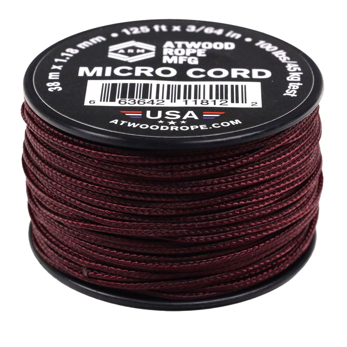 1.18 mm (3/64") Micro Cord Maroon Made in the USA Polyester/Nylon (125 ft) Atwood Rope MFG