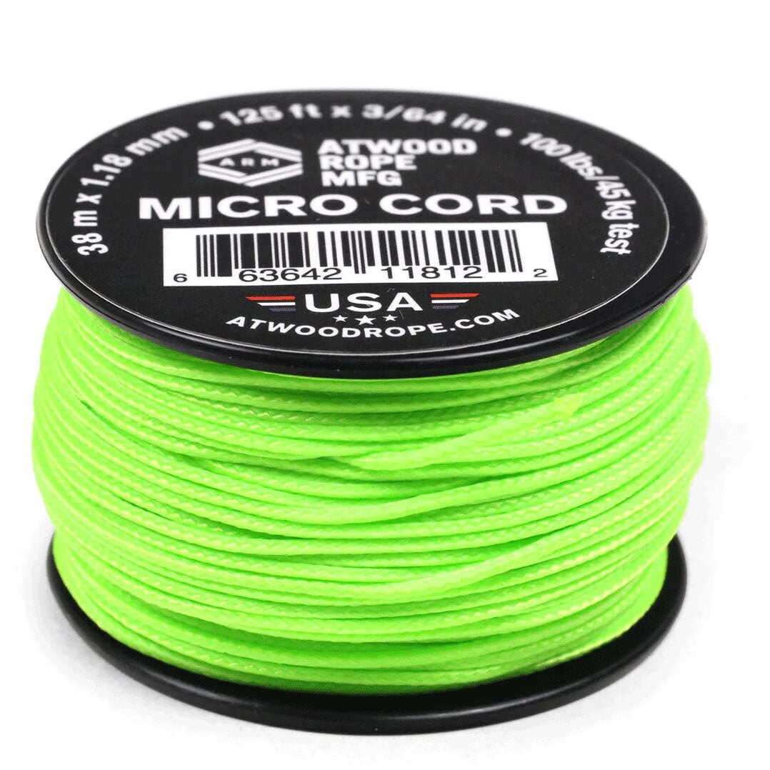 1.18 mm (3/64") Micro Cord Neon Green Made in the USA Polyester/Nylon (125 ft) Atwood Rope MFG