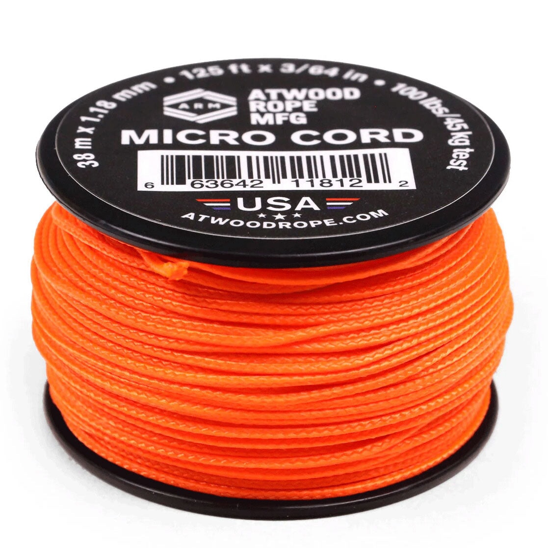 1.18 mm (3/64") Micro Cord Neon Orange Made in the USA Polyester/Nylon (125 ft) Atwood Rope MFG