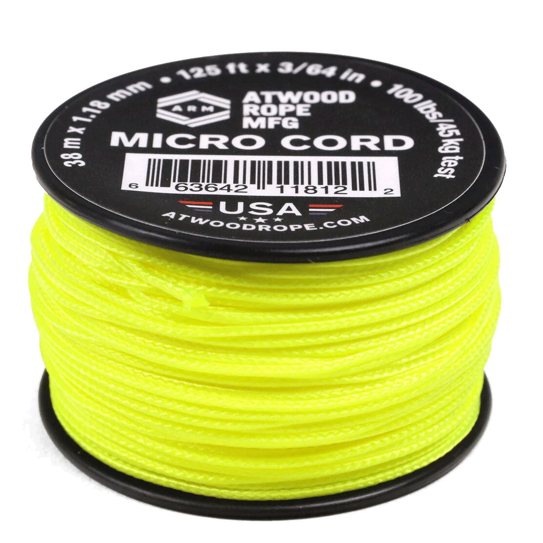 1.18 mm (3/64") Micro Cord Neon Yellow Made in the USA Polyester/Nylon (125 ft) Atwood Rope MFG