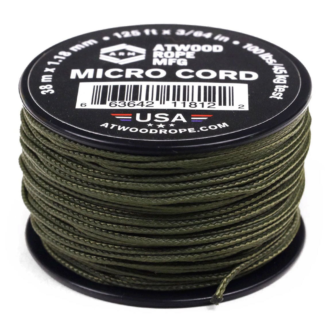 1.18 mm (3/64") Micro Cord Olive Drab (OD) Made in the USA Polyester/Nylon (125 ft) Atwood Rope MFG