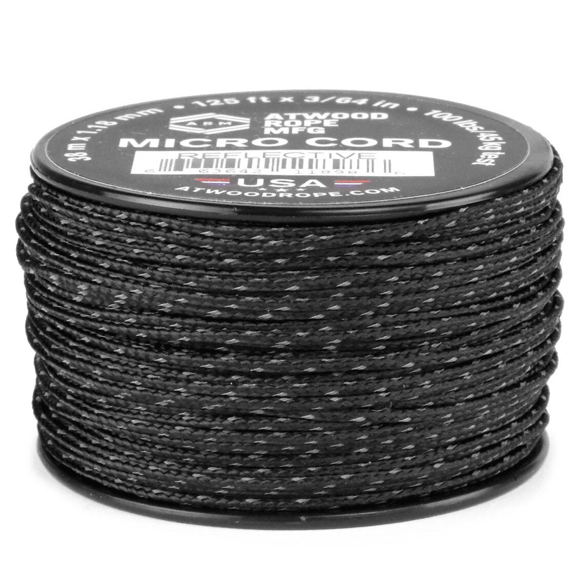1.18 mm (3/64") Micro Cord Reflective Black Made in the USA Polyester/Nylon (125 ft)
