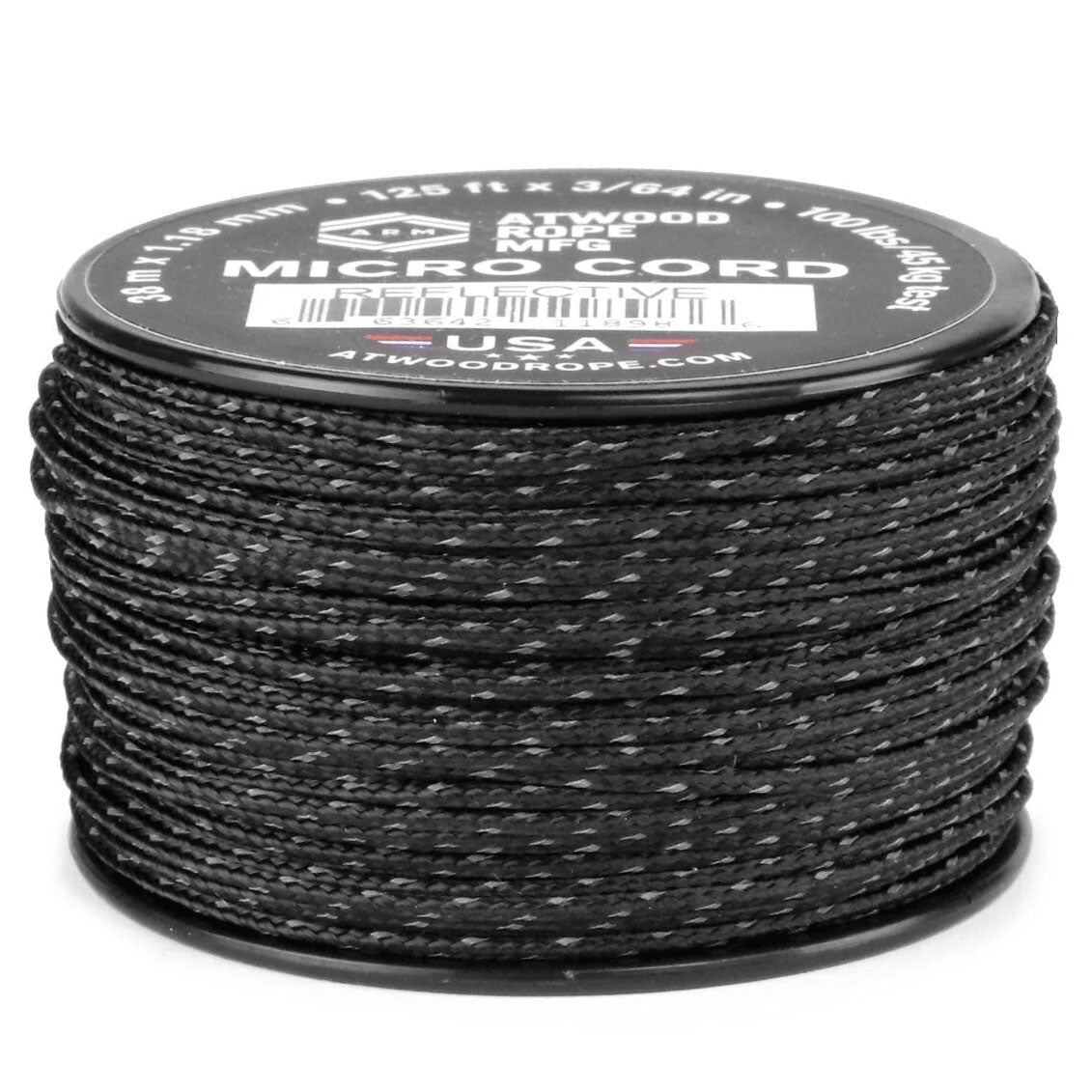 1.18 mm (3/64") Micro Cord Reflective Black Made in the USA Polyester/Nylon (125 ft) Atwood Rope MFG