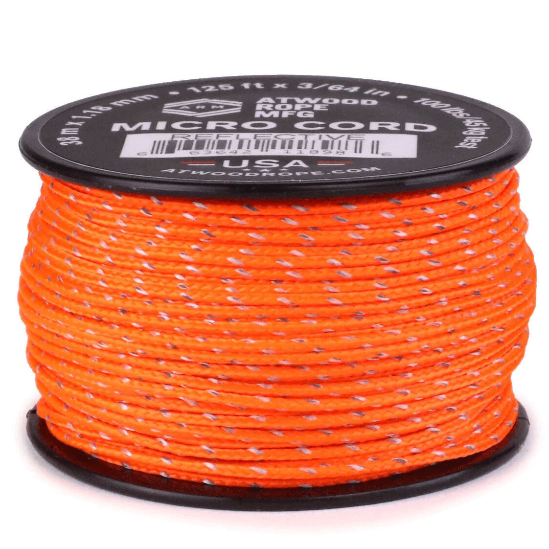 1.18 mm (3/64") Micro Cord Reflective Orange Made in the USA Polyester/Nylon (125 ft) Atwood Rope MFG
