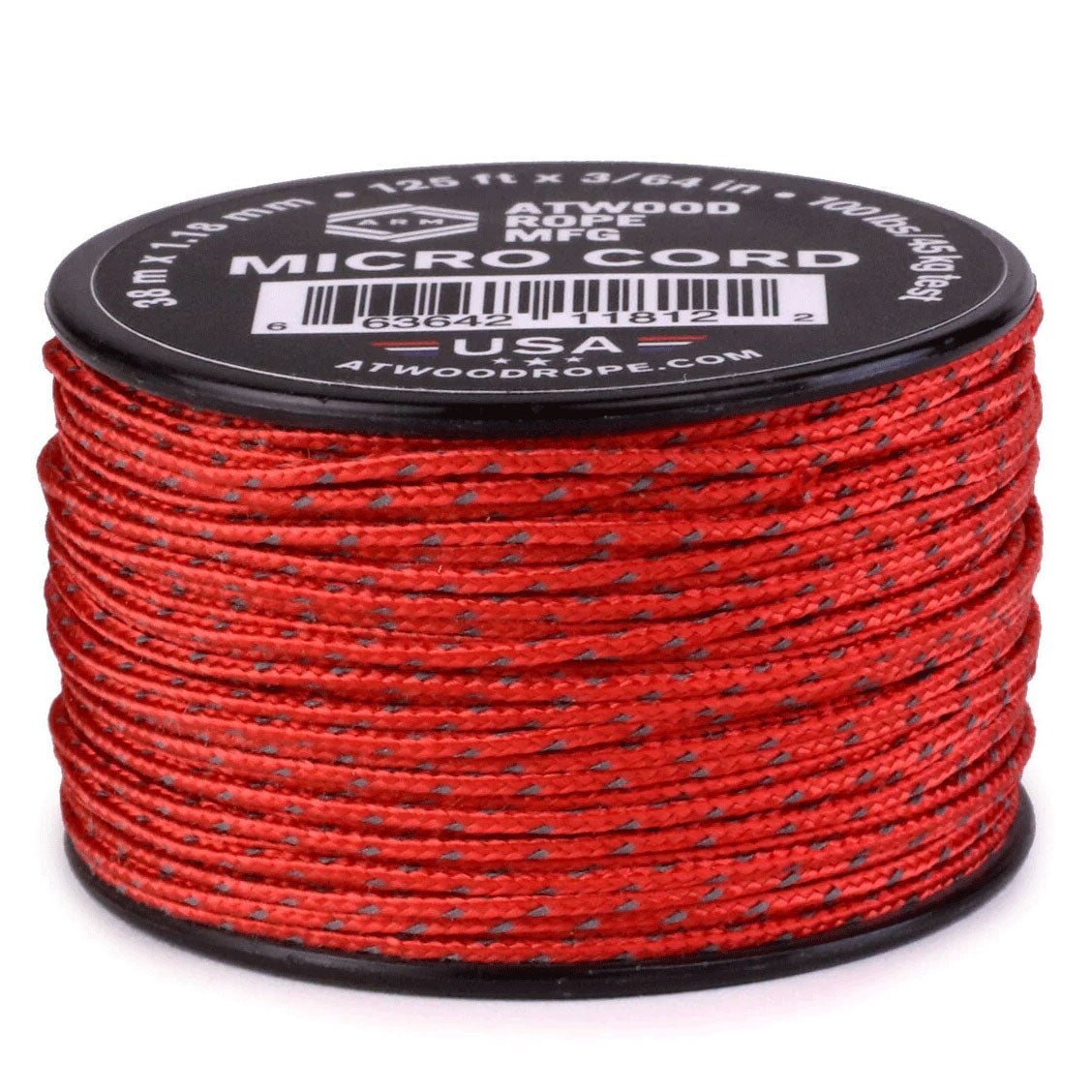 1.18 mm (3/64") Micro Cord Reflective Red Made in the USA Polyester/Nylon (125 ft) Atwood Rope MFG