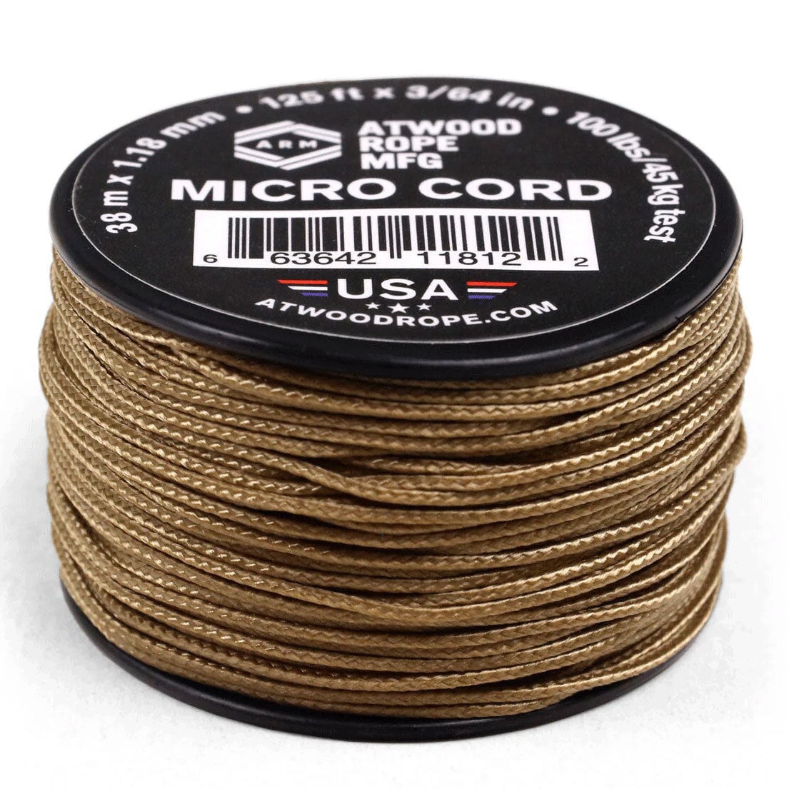 1.18 mm (3/64") Micro Cord Tan Made in the USA Polyester/Nylon (125 ft) Atwood Rope MFG