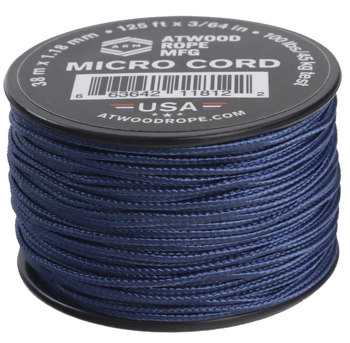 1.18 mm (3/64") Micro Cord Navy Blue Made in the USA Polyester/Nylon (125 ft) Atwood Rope MFG