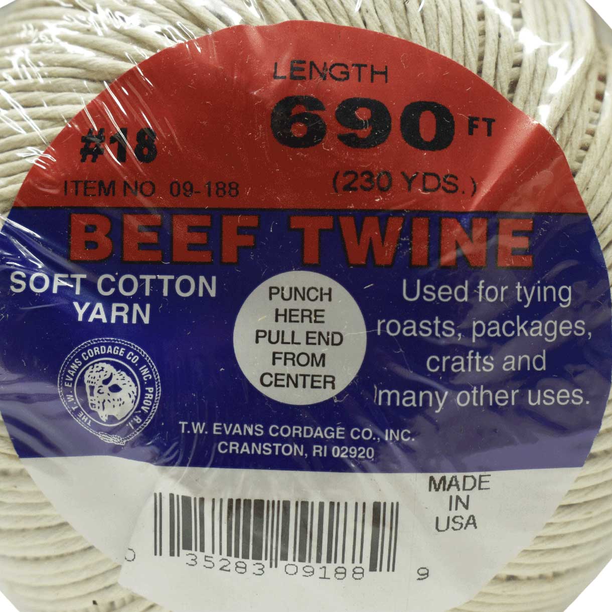 #18, 1.5 mm (1/16") White/Natural Polished Cotton Twine Ball USA Made 210 m (690 ft) Twine cord T.W. Evans Cordage Co. Inc.