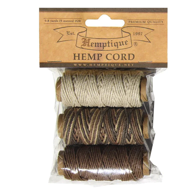 1 mm (3/64") Earthy Polished Hemp Twine Cord Mini Spools Pack 3x9 m (9.8 yd) Hemptique