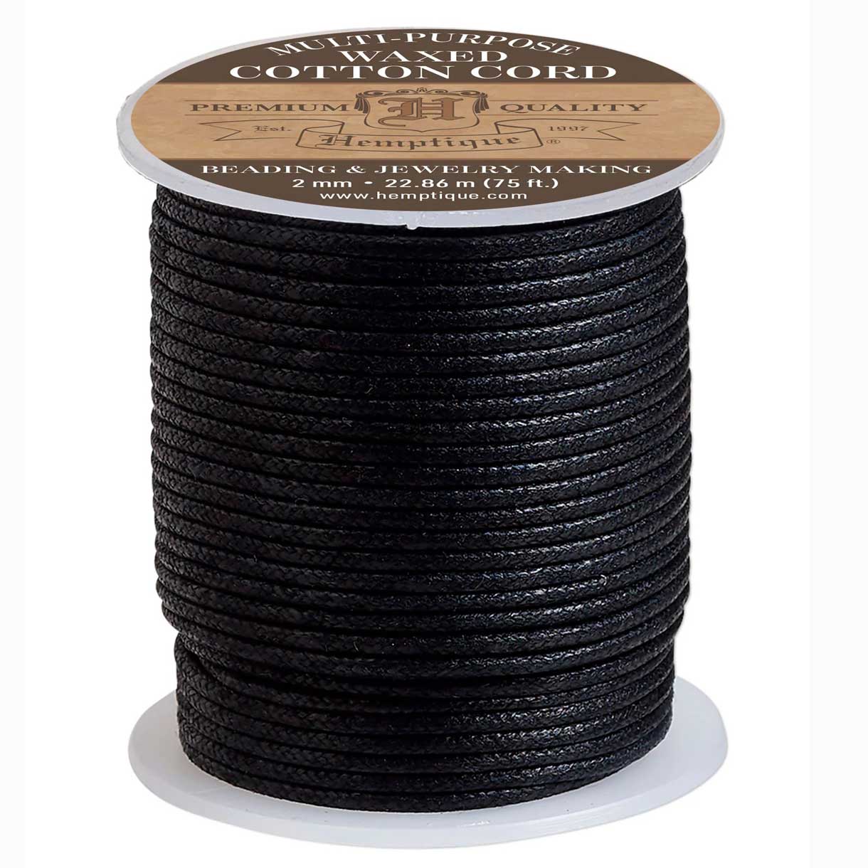2 mm (5/64") Black Round Waxed Cotton Cord/Thread Spool 22.75 m (75 ft) Hemptique