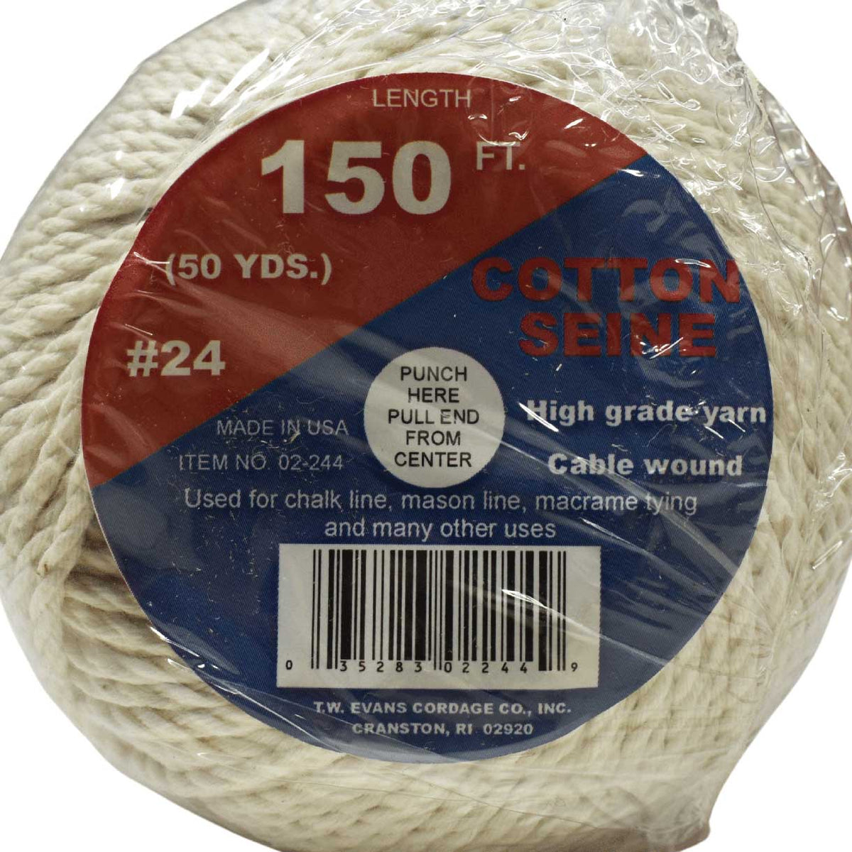 2 mm (5/64") White/Natural Cotton Cable Wound Seine Line Ball USA Made 45.5 m (150 ft) Twine cord T.W. Evans Cordage Co. Inc.