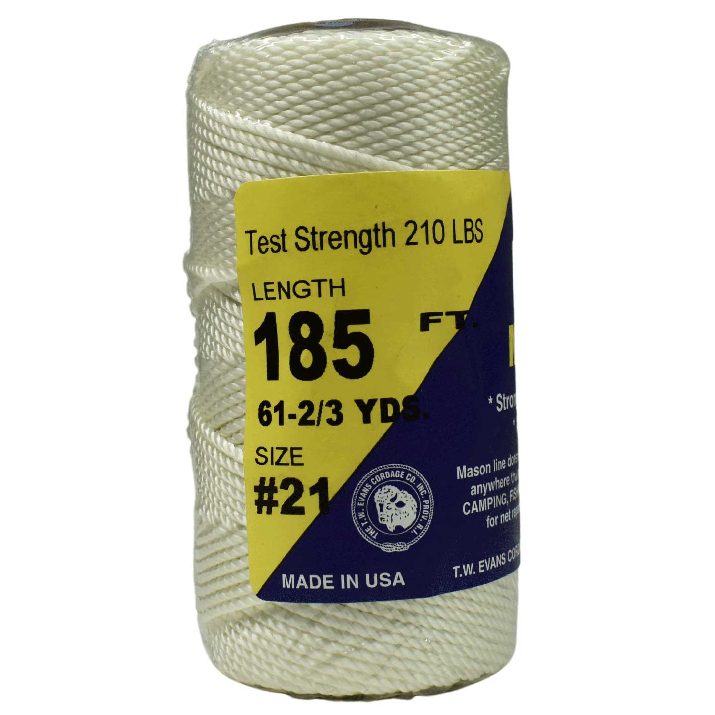 #21, 2 mm (5/64") White Twisted Nylon Mason Line 56 m (185 ft) T.W. Evans Cordage Co. Inc.