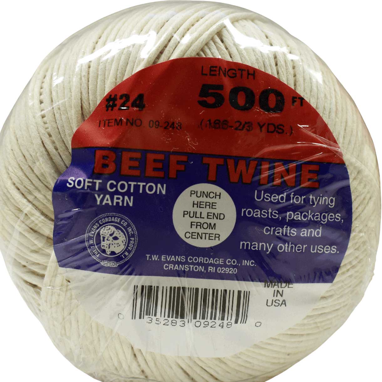 #24, 1.7 mm (1/16-5/64") White/Natural Polished Cotton Twine Ball USA Made 152 m (500 ft) Twine cord T.W. Evans Cordage Co. Inc.