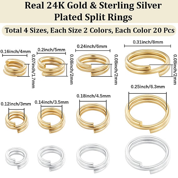 24K Gold and Sterling Silver Plated Brass Split/Double Loop Jump Rings 160 Pieces (1 Set) 280-