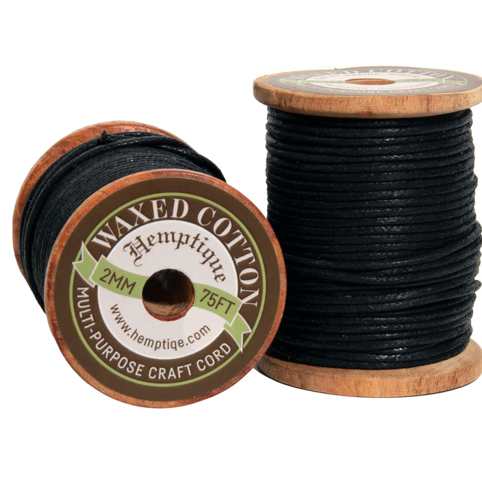 2 mm (5/64") Black Round Waxed Cotton Cord/Thread Wood Spool 22.75 m (75 ft) Hemptique