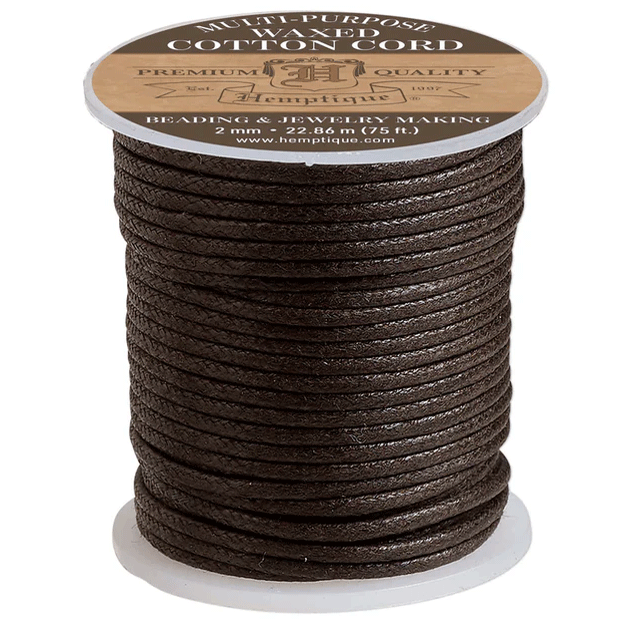 2 mm (5/64") Brown Round Waxed Cotton Cord/Thread Spool 22.75 m (75 ft) Hemptique