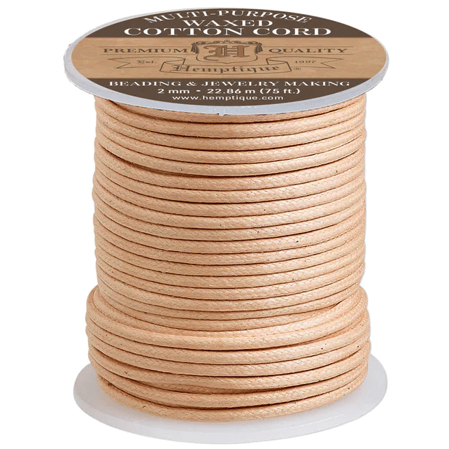 2 mm (5/64") Natural Round Waxed Cotton Cord/Thread Spool 22.75 m (75 ft) Hemptique