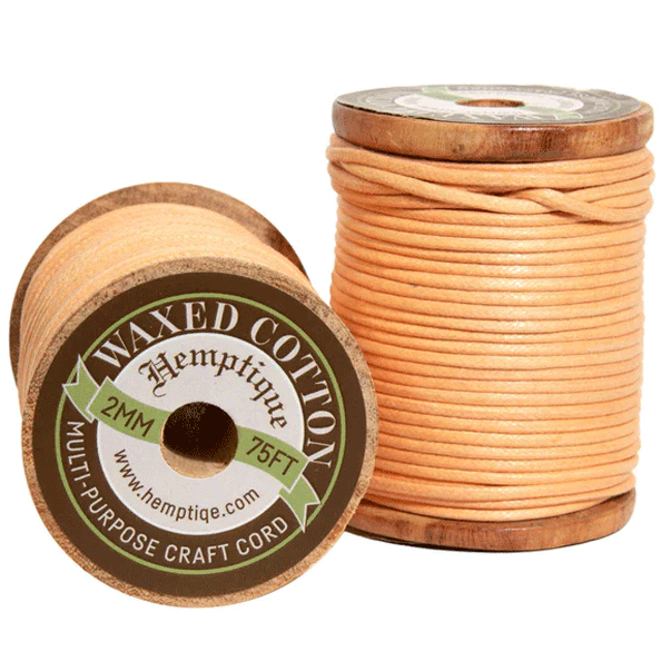 2 mm (5/64") Natural Round Waxed Cotton Cord/Thread Wood Spool 22.75 m (75 ft) Hemptique