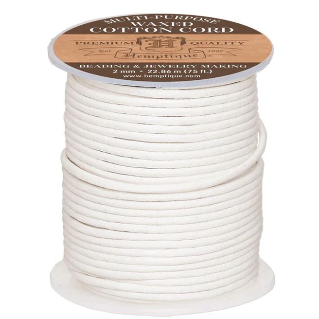 2 mm (5/64") White Round Waxed Cotton Cord/Thread Spool 22.75 m (75 ft) Hemptique