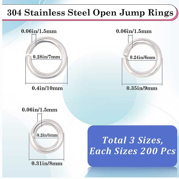 304 Stainless Steel Open Jump Rings 3 Assorted Sizes Aprox. 600 Pcs (1 Set) 280-