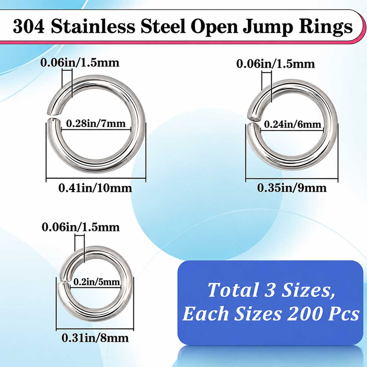 304 Stainless Steel Open Jump Rings 3 Assorted Sizes Aprox. 600 Pcs (1 Set) 280-