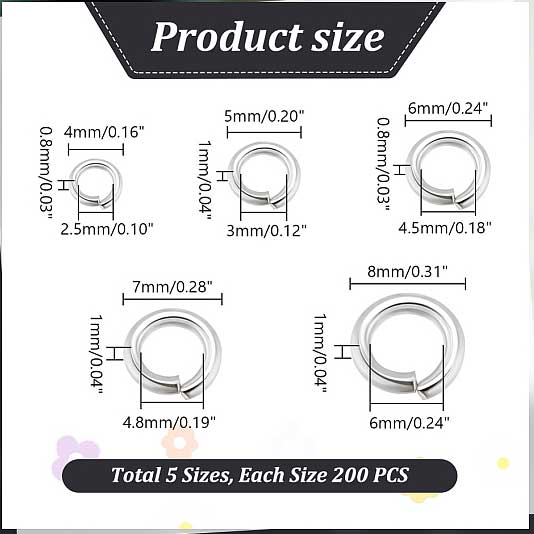 304 Stainless Steel Open Jump Rings 5 Assorted Sizes Aprox. 1000 Pcs (1 Set) 280-