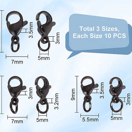 30 Pcs 3 Styles Black 304 Stainless Steel Variety Lobster Claw Set 280-