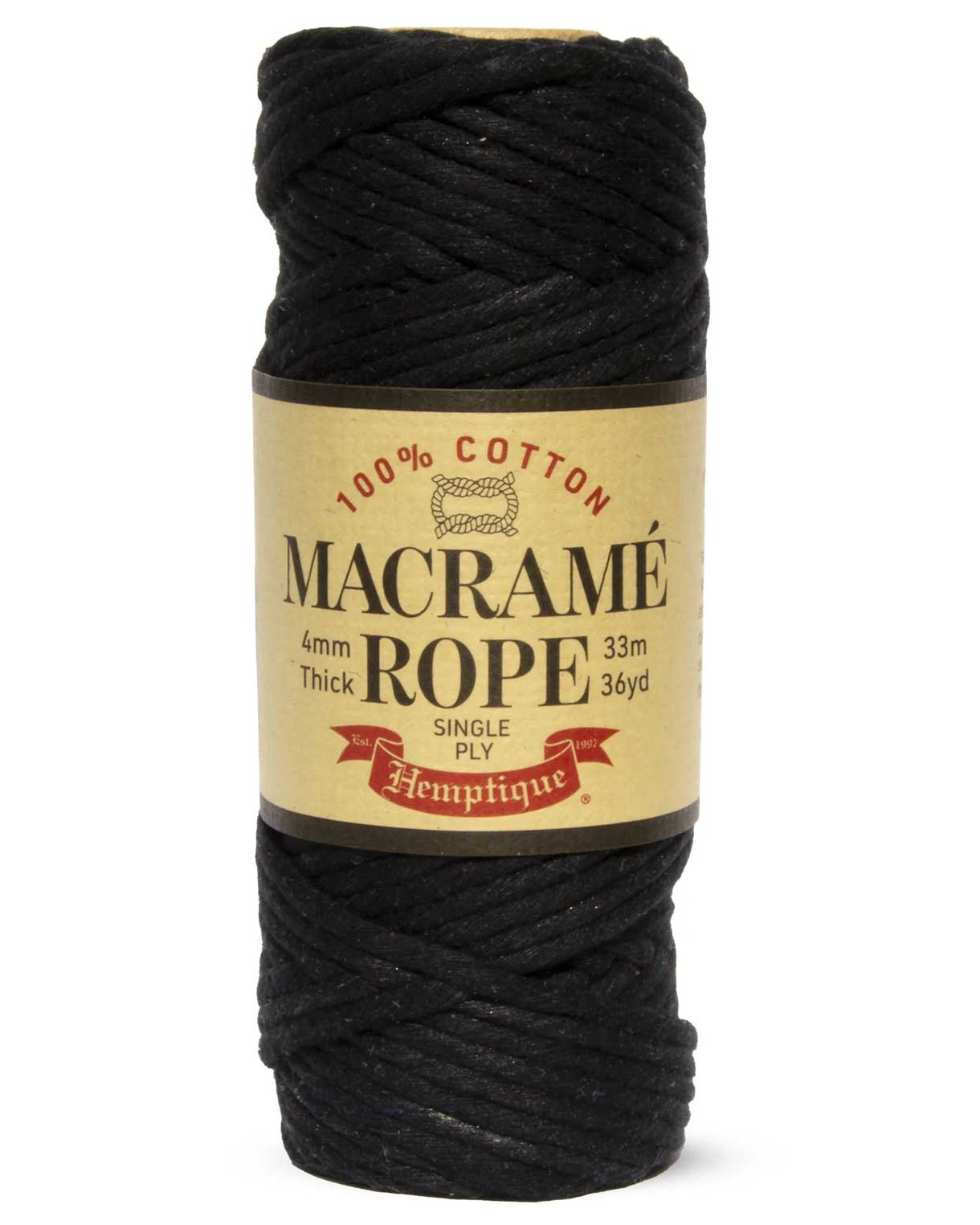 4 mm (5/32") Black Single Ply Egyptian Cotton Macrame Rope 33 m (36 yd) Hemptique