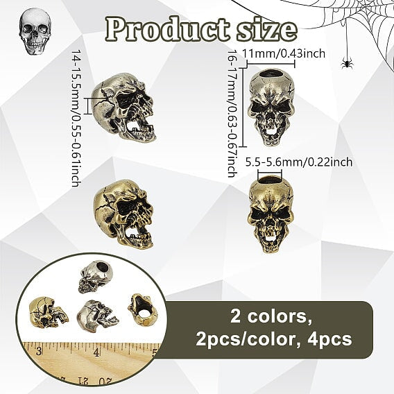 4 Pcs 2 of each Color Bite Me Skull Charm/Bead Brass (4 Pack) 280-