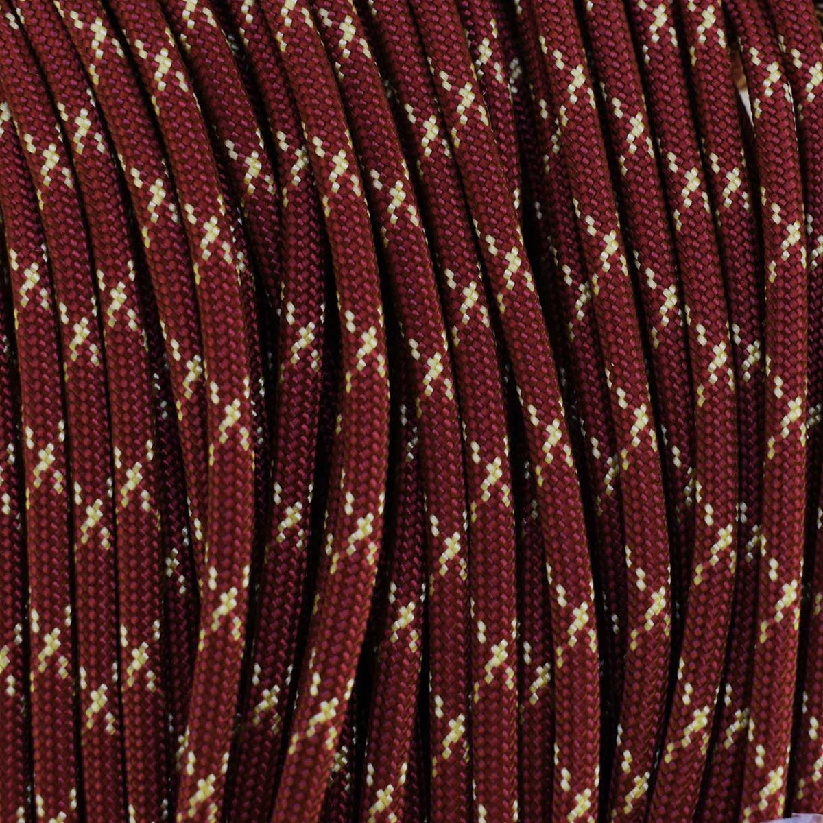 4 mm (5/32”) 550 Paracord Burgundy with Gold X Made in the USA Nylon/Nylon (100 ft) El Wood Braiding Co