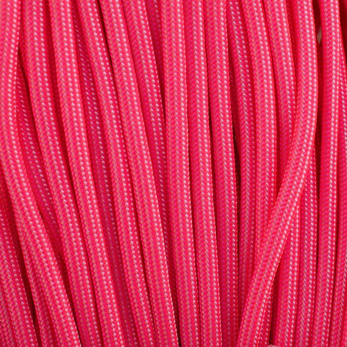 4 mm (5/32”) 550 Paracord Neon Pink and White Stripes Made in the USA Nylon/Nylon (100 ft)