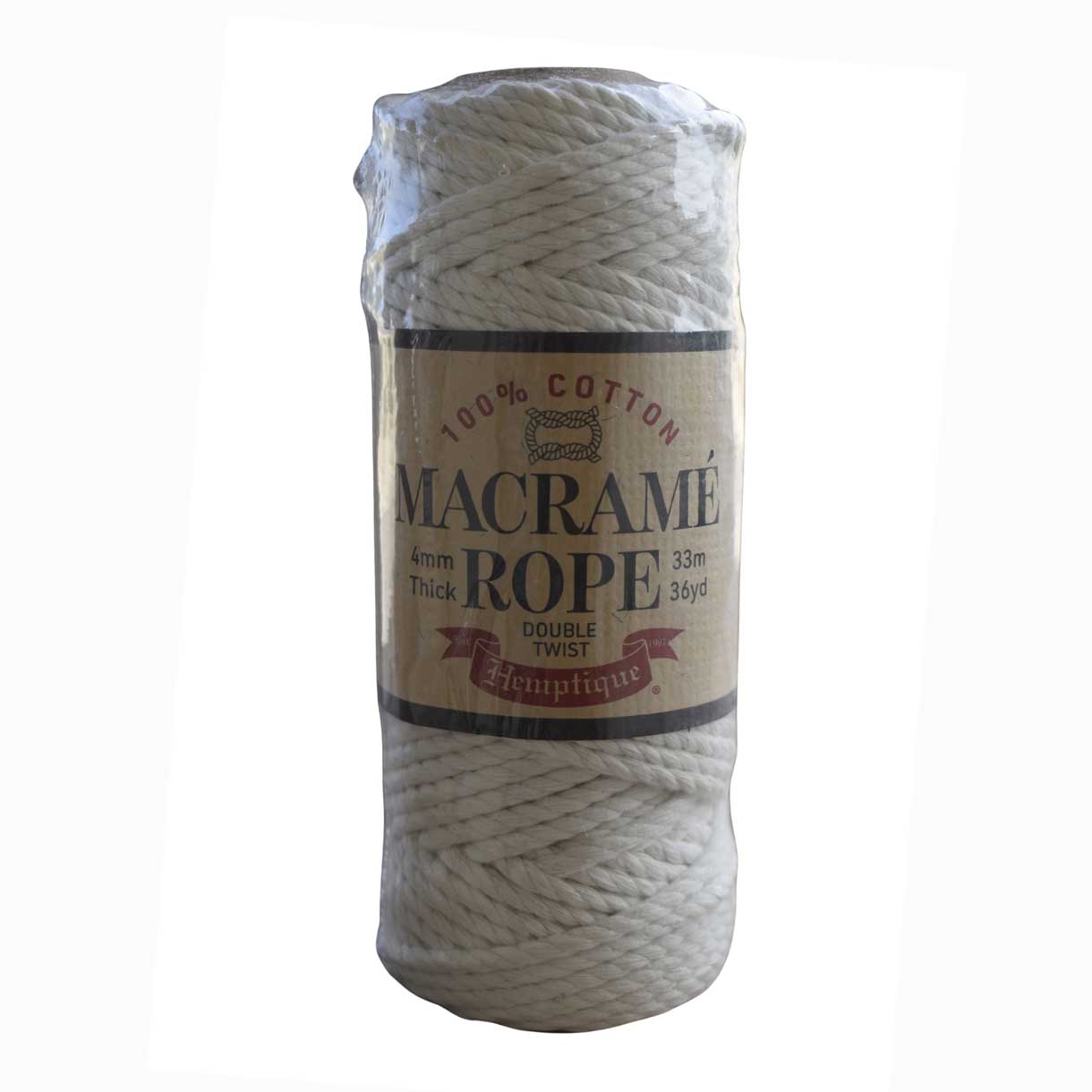 4 mm (5/32") Natural Double Twist Recycled Cotton Macrame Rope 33 m (36 yd) Hemptique