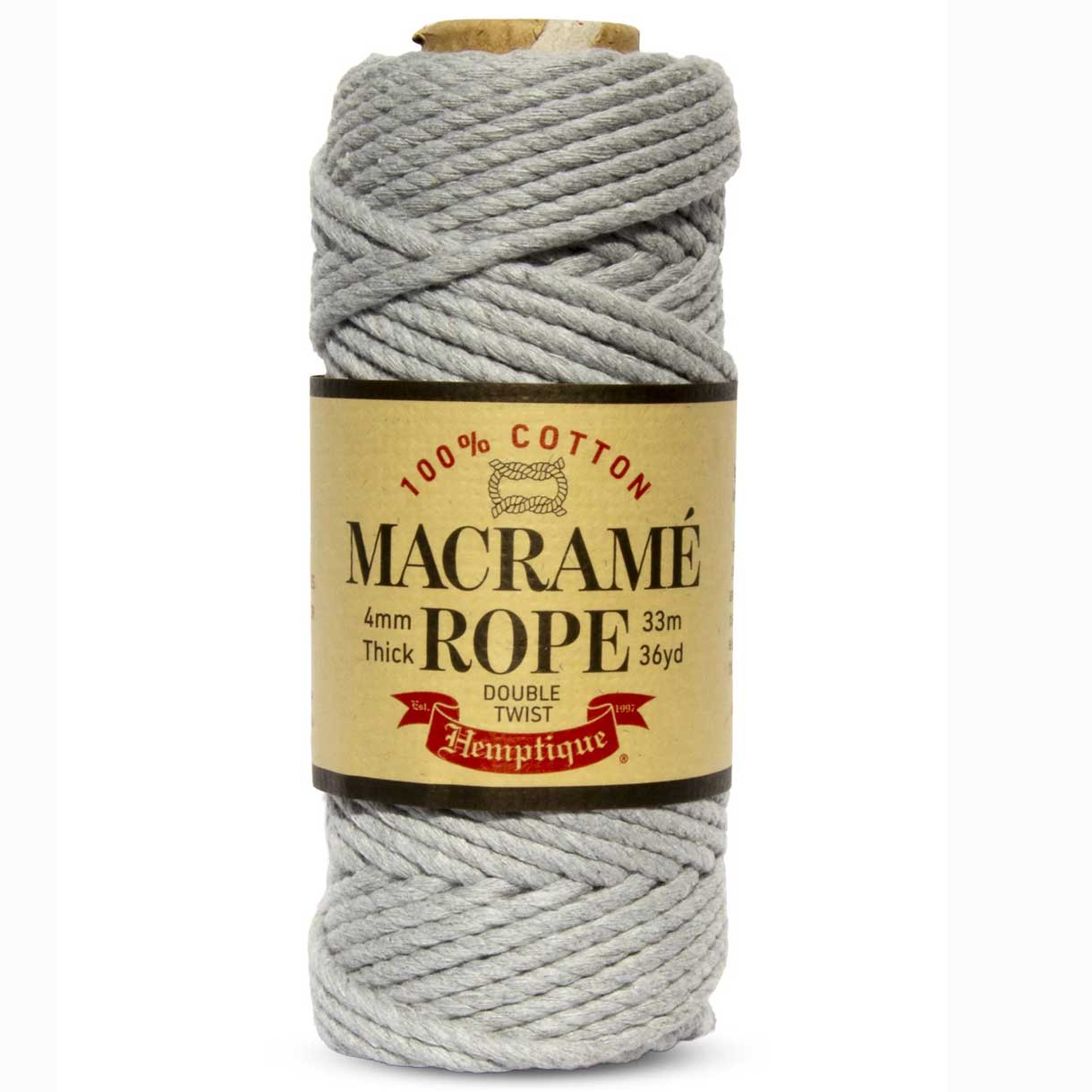 4 mm (5/32") Gray Double Twist Recycled Cotton Macrame Rope 33 m (36 yd) Hemptique