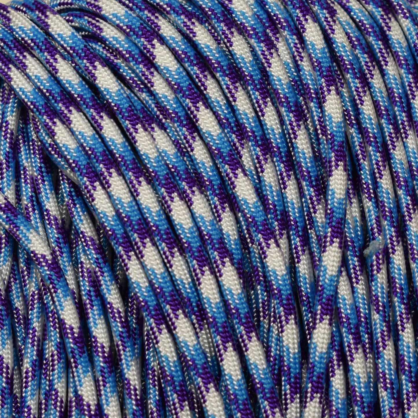 4 mm (5/32”) 550 Paracord Urban - White with Acid Purple and Colonial Blue Made in the USA Nylon/Nylon El Wood Braiding Co