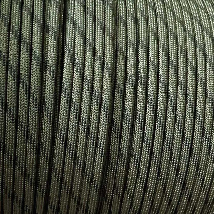 4 mm (5/32”) 550 Paracord 550 Paracord Olive w/4 Black Tracers Made in the USA Nylon/Nylon (100 ft) El Wood Braiding Co
