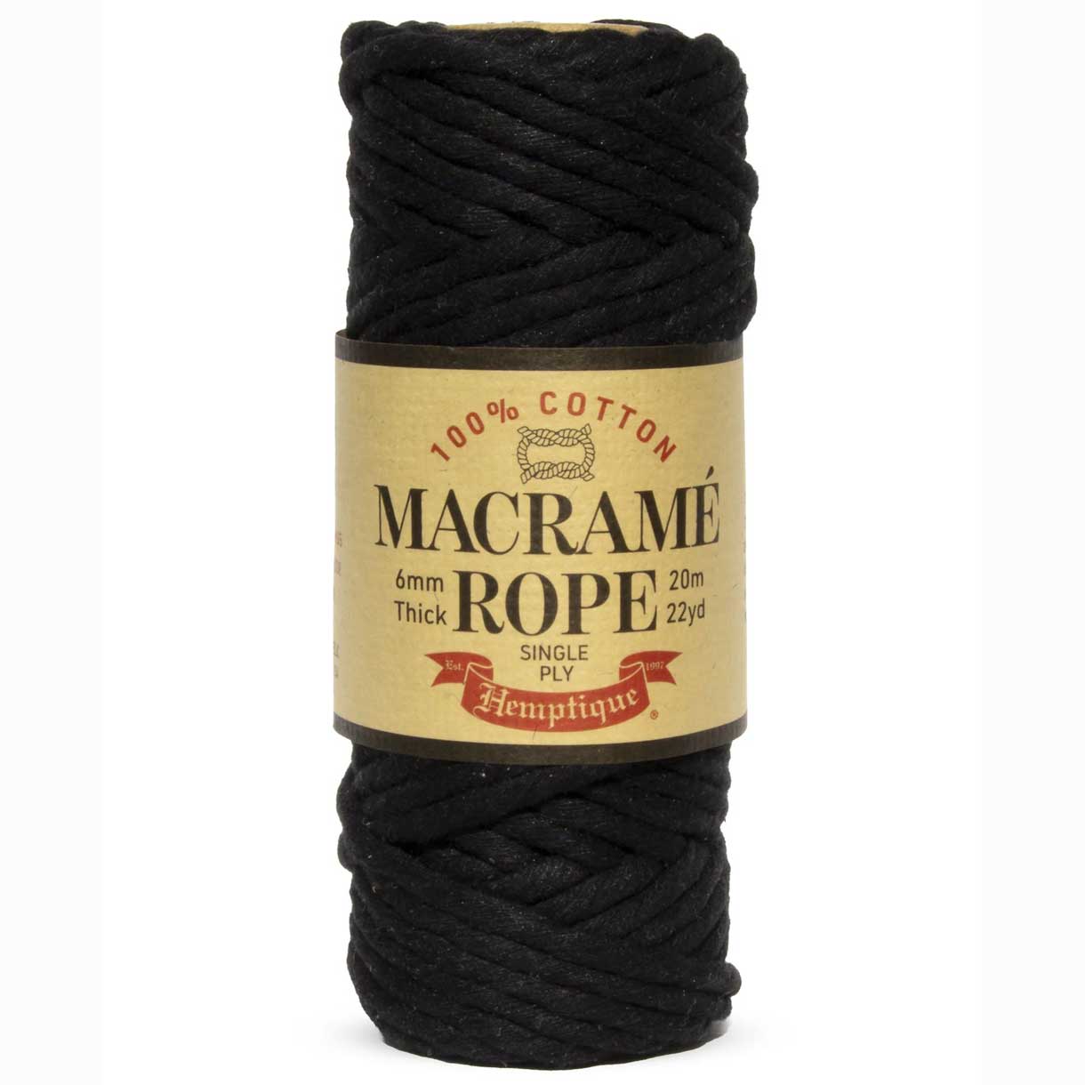 6 mm (15/64") Black Single Ply Egyptian Cotton Macrame Rope 20 m (22 yd) Hemptique