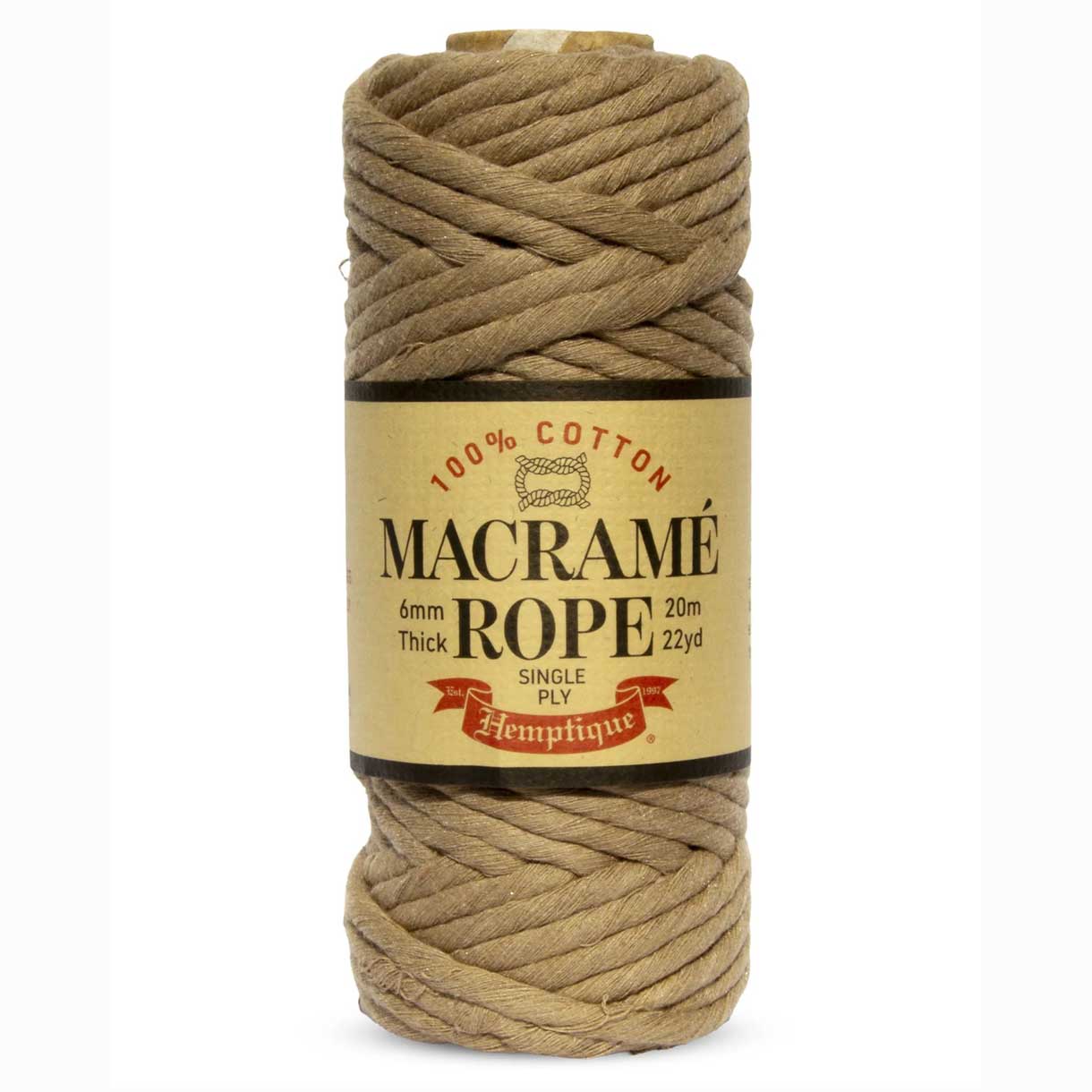 6 mm (15/64") Brown Single Ply Egyptian Cotton Macrame Rope 20 m (22 yd) Hemptique