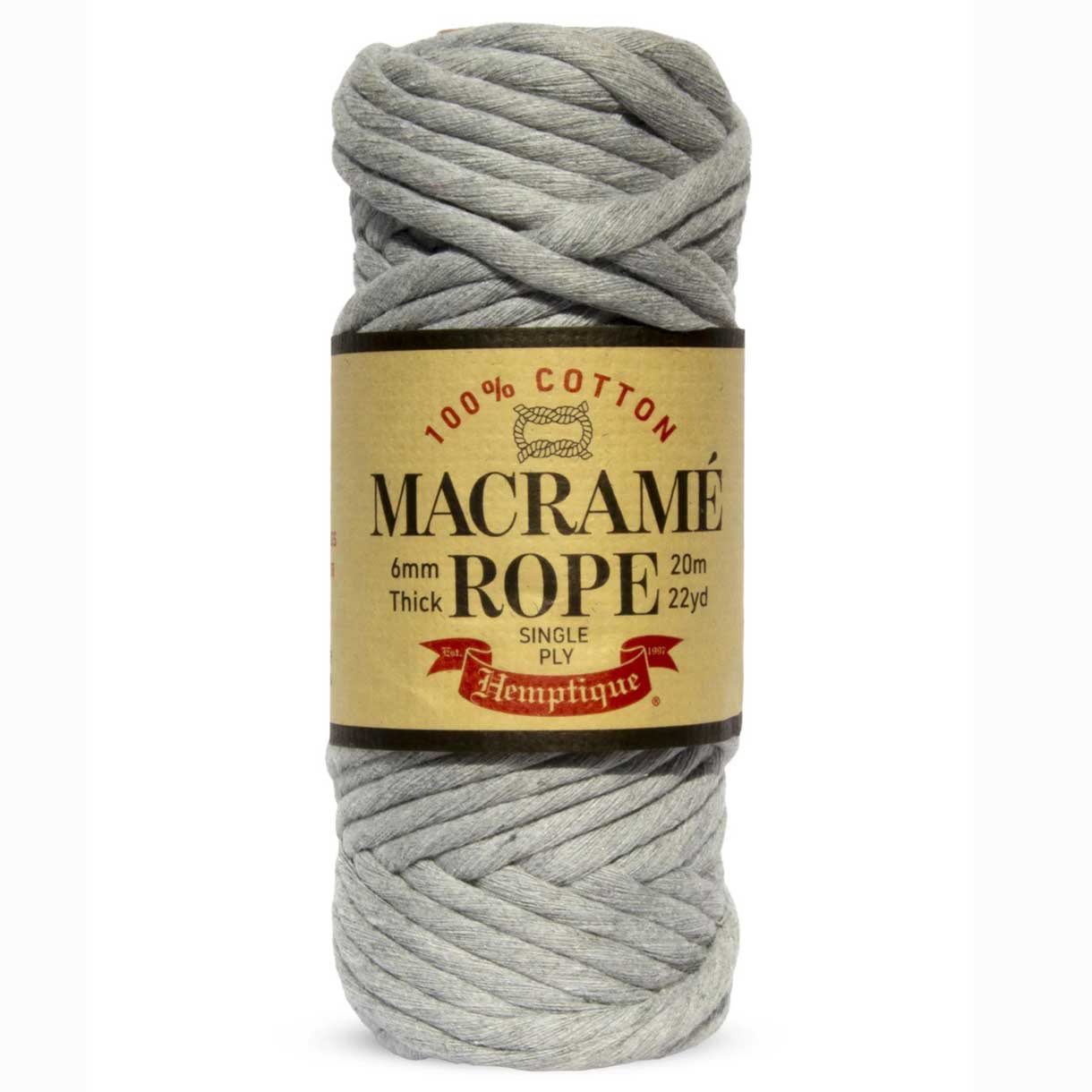6 mm (15/64") Gray Single Ply Egyptian Cotton Macrame Rope 20 m (22 yd) Hemptique