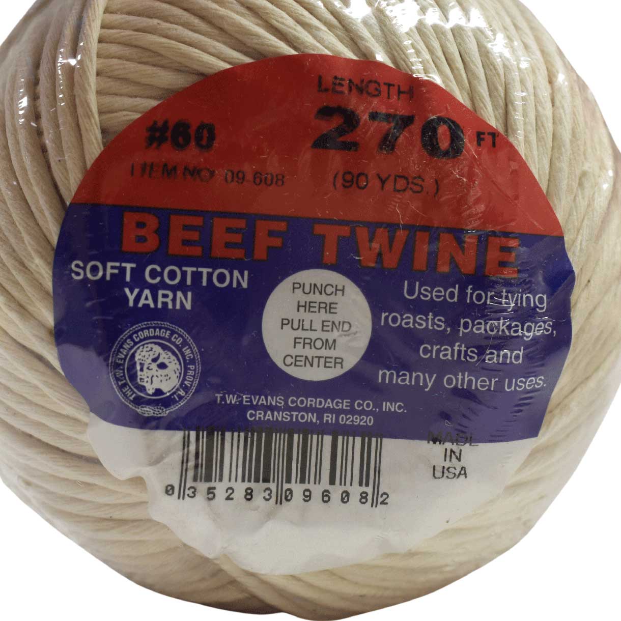 #60, 2.77 mm (7/64") White/Natural Polished Cotton Twine Ball USA Made 82 m (270 ft) Twine cord T.W. Evans Cordage Co. Inc.