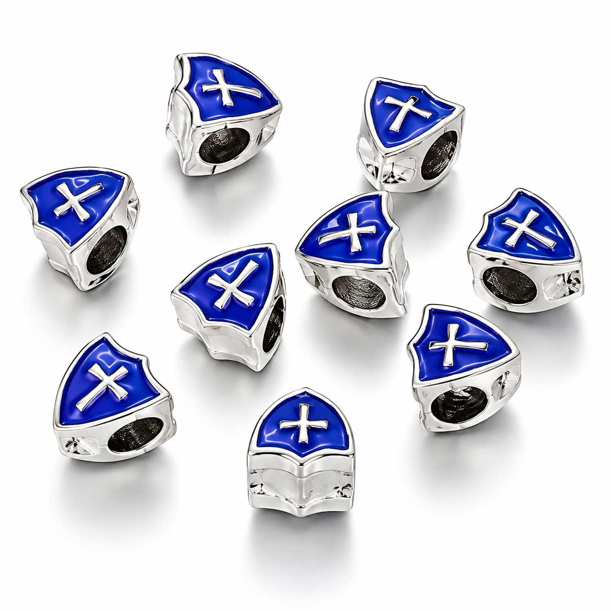 Antique Silver Plated w/Blue Enamel Sheild Cross Alloy Bead/Charm