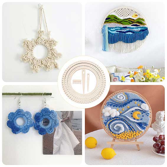 Small Wooden Circular Weaving Loom Set w/Comb and Teardrop Needles