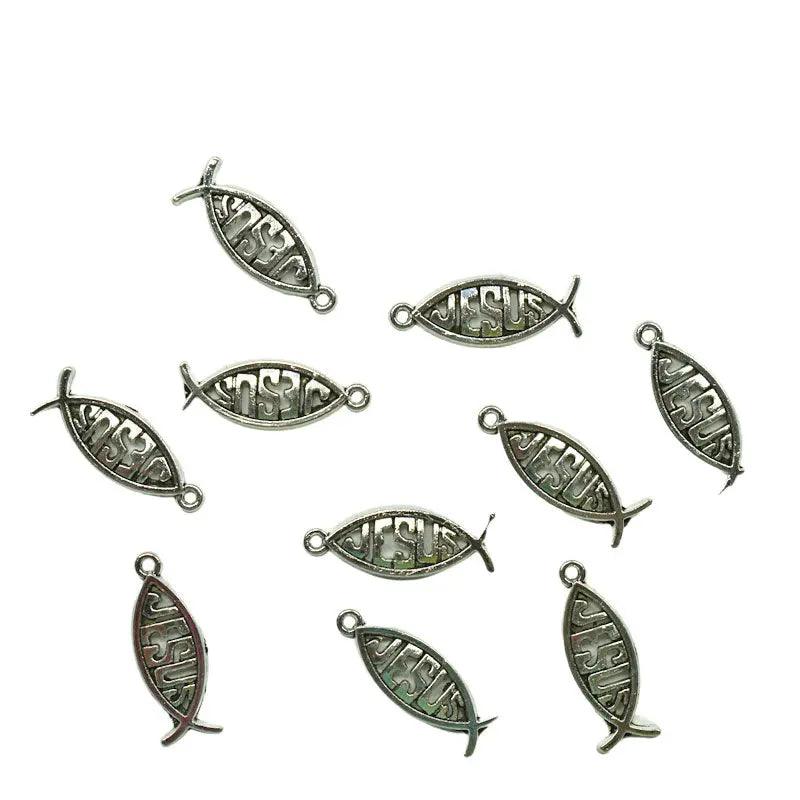 Antique Silver tone Jesus Fish Charm (10 Pack) Paracord Galaxy