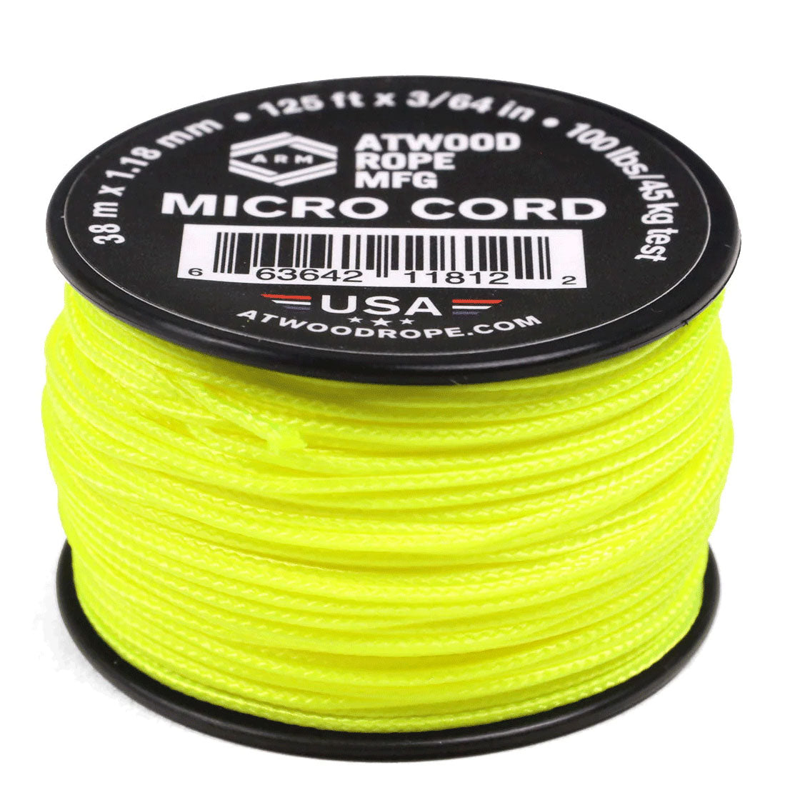 1.18 mm (3/64") Micro Cord Neon Yellow Made in the USA Polyester/Nylon (125 ft)