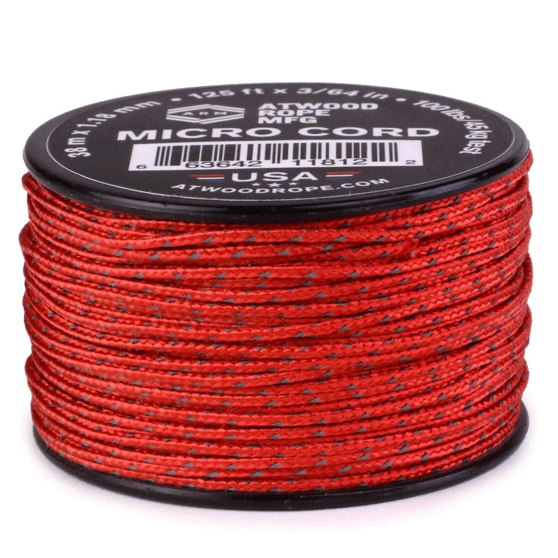 1.18 mm (3/64") Micro Cord Reflective Red Made in the USA Polyester/Nylon (125 ft)