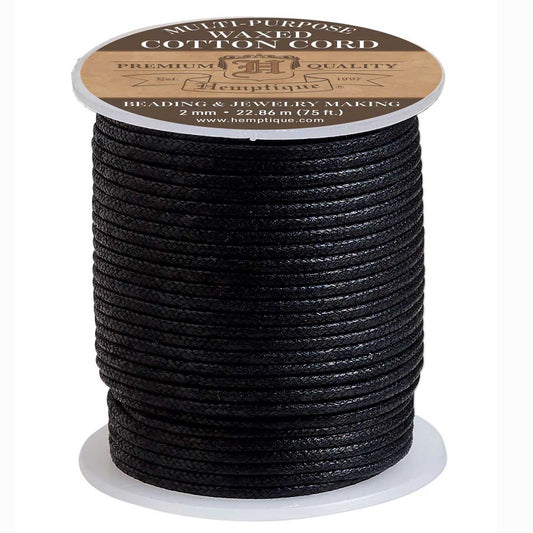 2 mm (5/64") Black Waxed Cotton Cord/Thread Spool 22.75 m (75 ft)