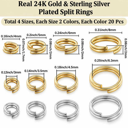 24K Gold and Sterling Silver Plated Brass Split/Double Loop Jump Rings 160 Pieces (1 Set) 280-